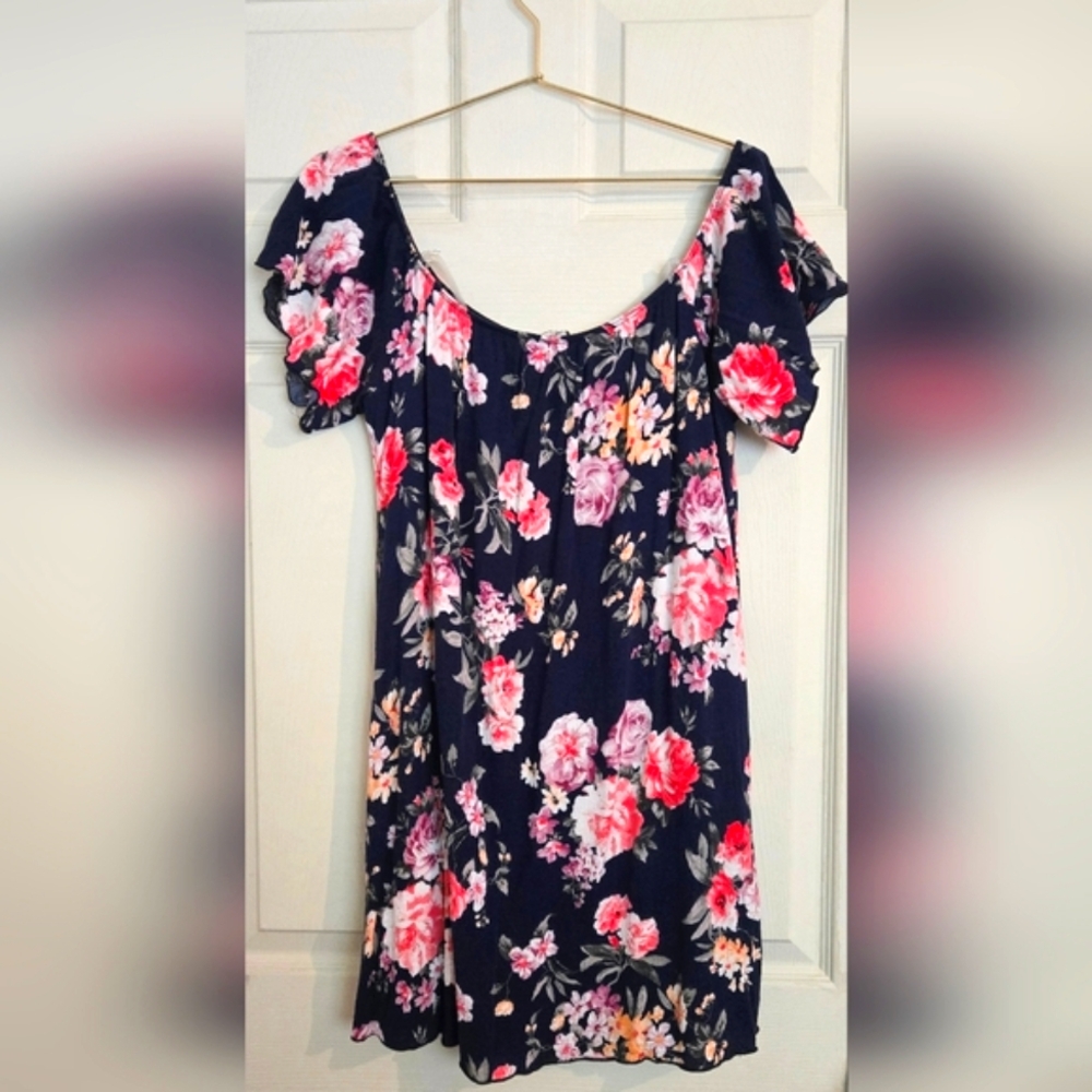 Charlotte Russe Off The Shoulder Short Sleeve Blue Floral Swing Mini Dress